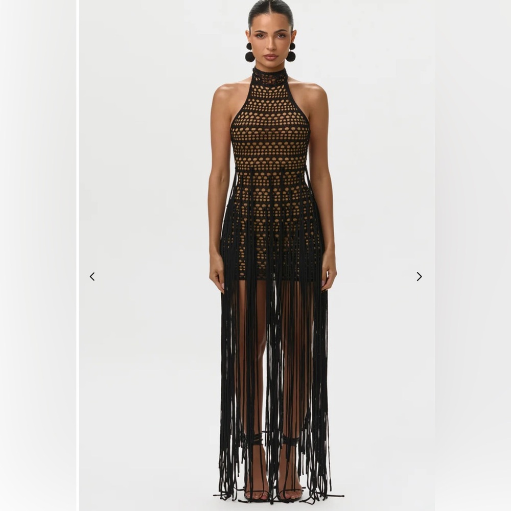 Naked Wardrobe Black Crochet Halter Fringe Maxi Dress - Picture 2 of 2